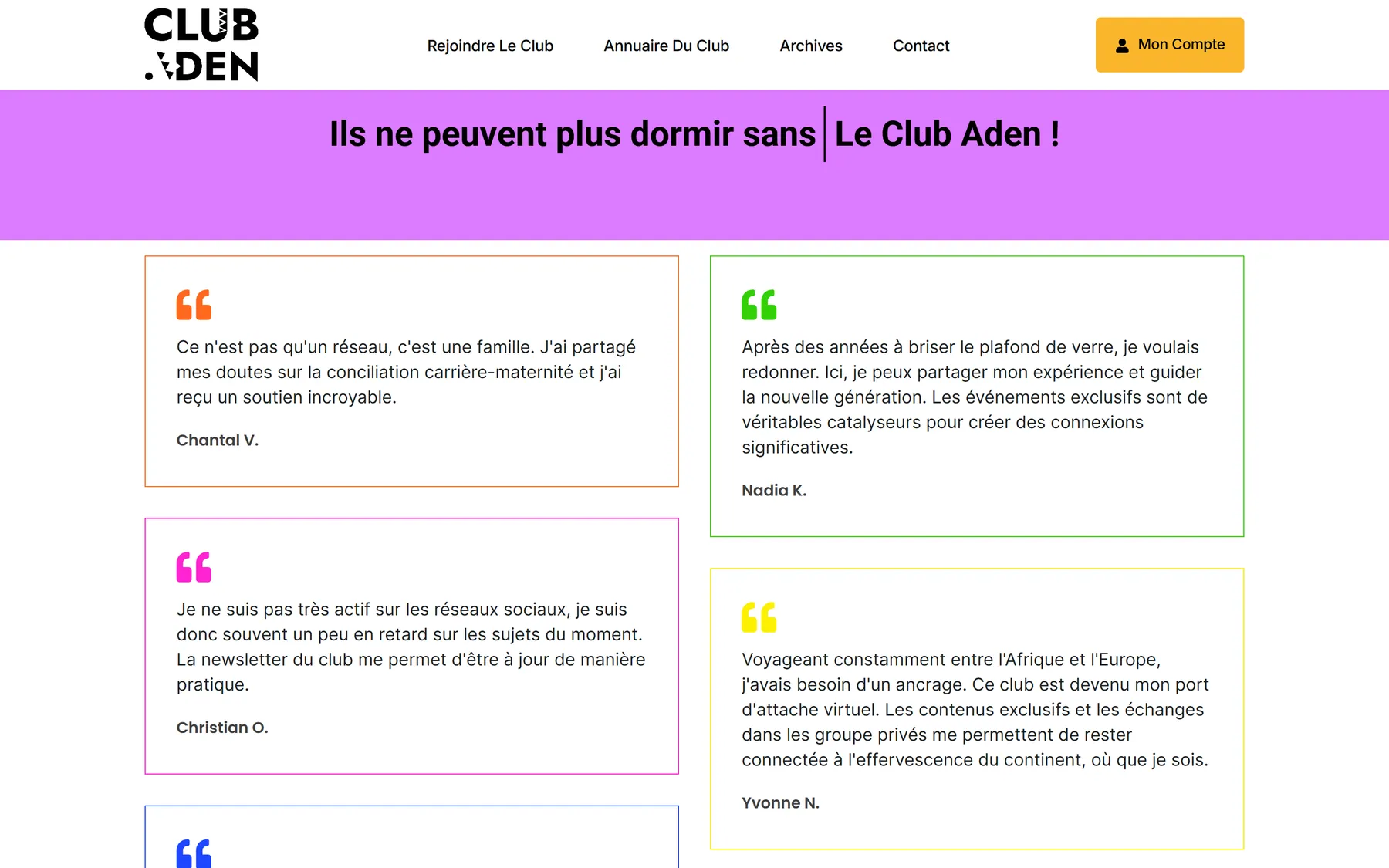 Anciens témoignages de membres, cadres colorés.