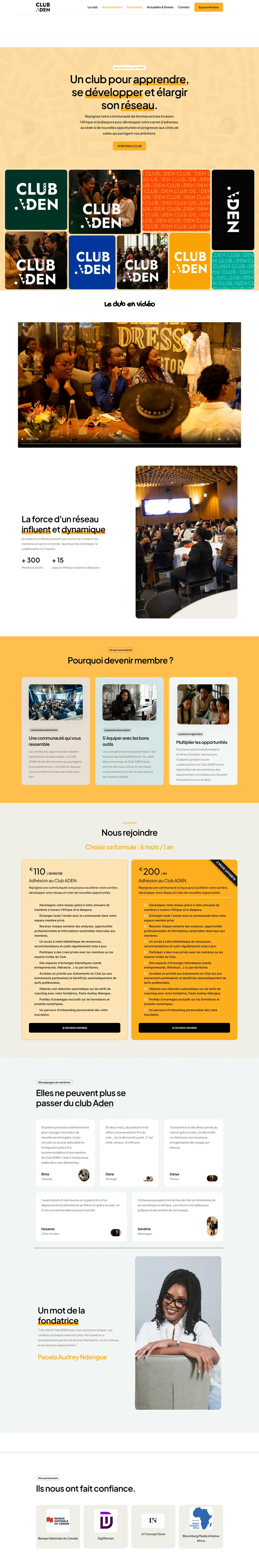 Page d’accueil actuelle de clubaden.com, capturée sur toute sa hauteur.