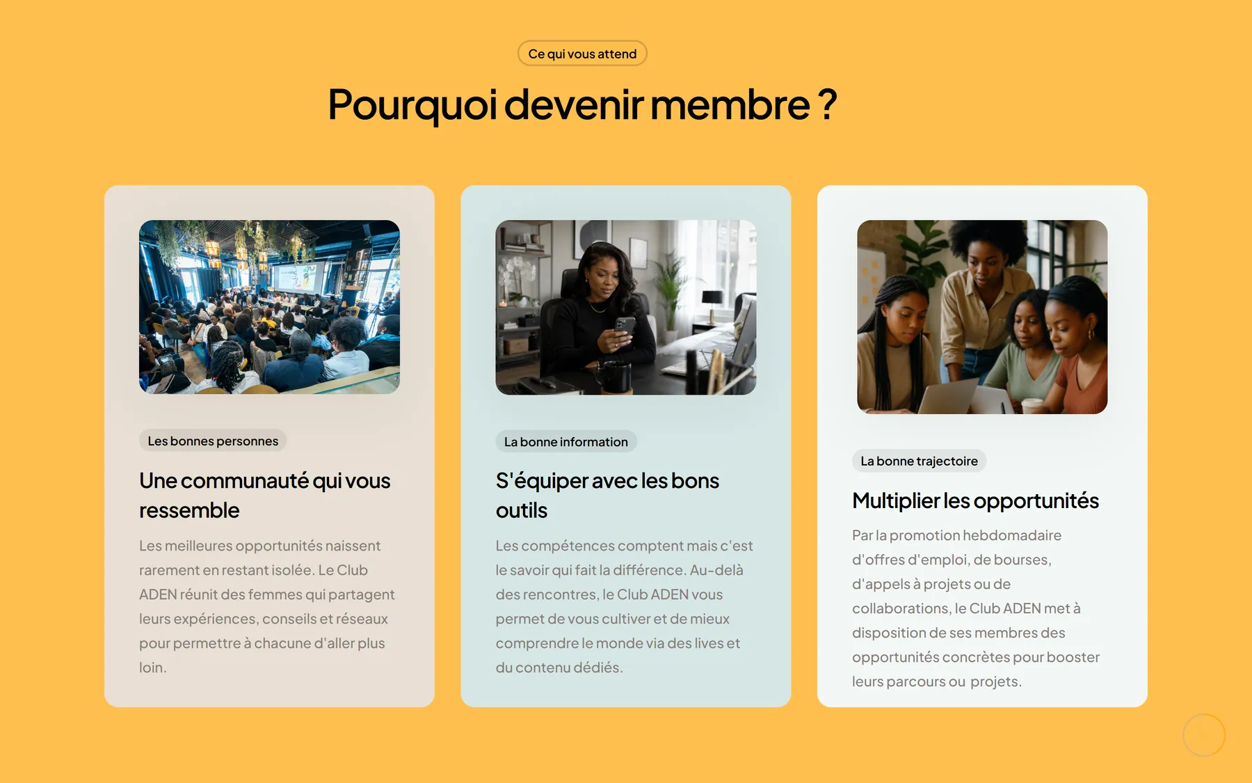 Section « Pourquoi devenir membre ? » du site actuel : les trois promesses illustrées de photos de la communauté.