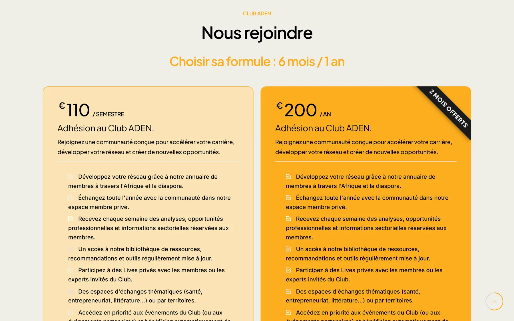 Section « Nous rejoindre » du site actuel : formules 110 € / semestre et 200 € / an, boutons « Je deviens membre ».