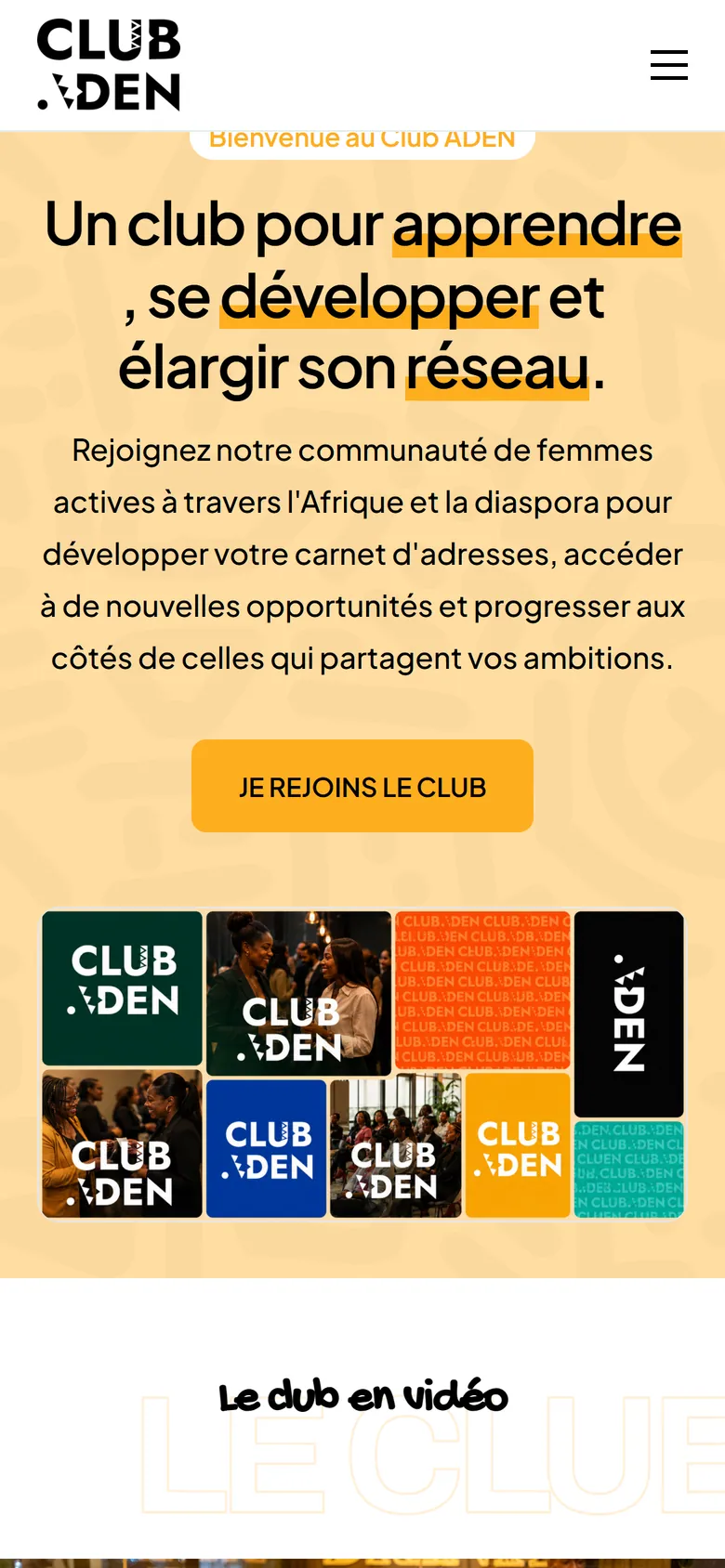 Accueil actuel de clubaden.com sur mobile.