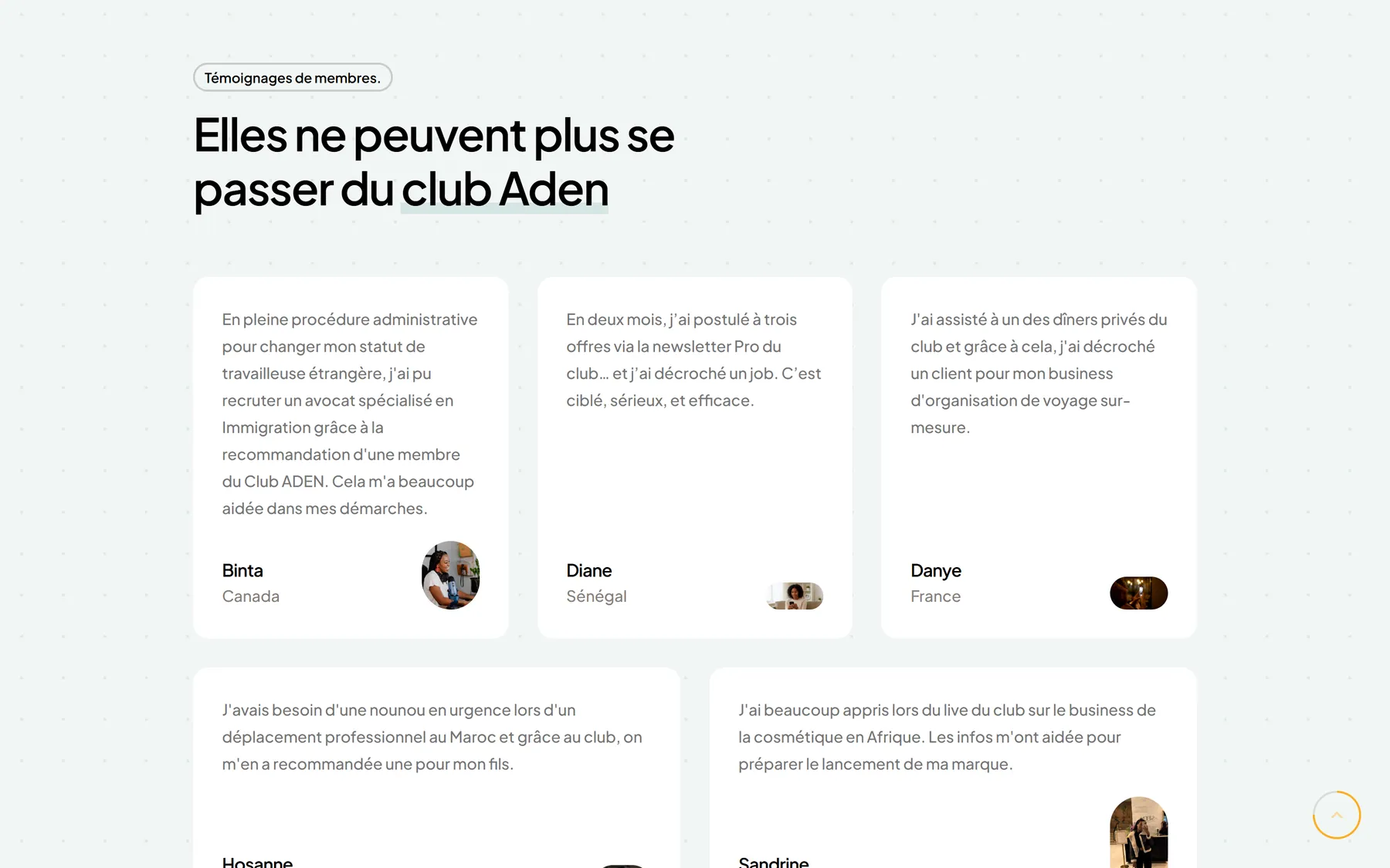 Section « Elles ne peuvent plus se passer du club Aden » du site actuel.
