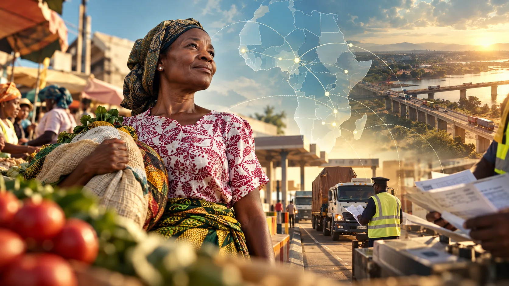 Visualisation conceptuelle : une commerçante au marché, un poste frontière et des camions, sous une carte de l’Afrique en filigrane. Illustration générée, pas une photographie.