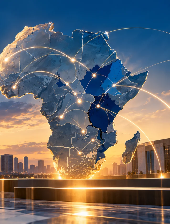 Visualisation conceptuelle : carte de l’Afrique parcourue de liaisons lumineuses au-dessus d’une ville au coucher du soleil. Illustration générée, pas une photographie.