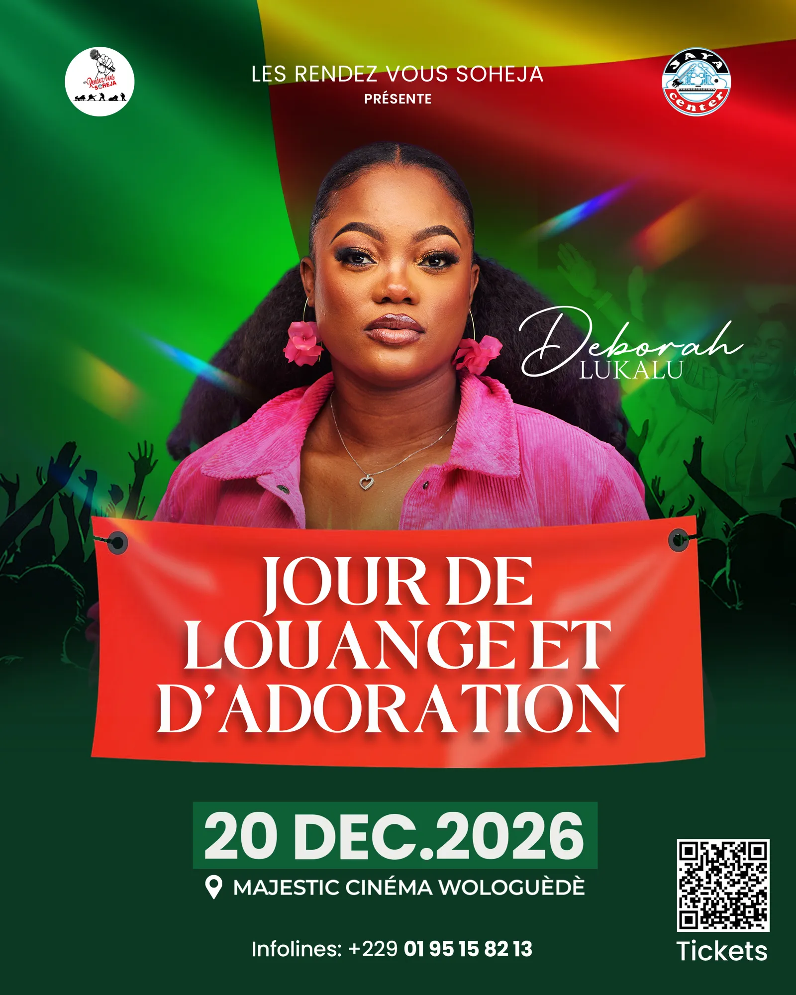 Affiche « Jour de louange et d’adoration » : Deborah Lukalu en veste rose sur fond vert, banderole de couleur, 20 déc. 2026, Majestic Cinéma Wologuèdè.