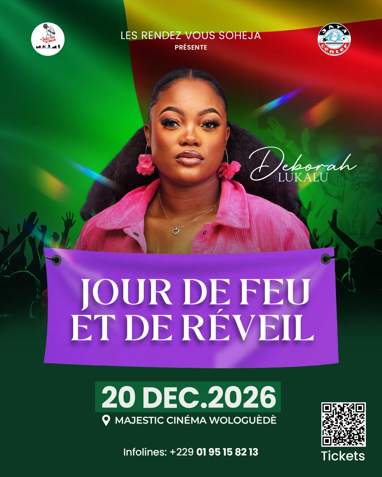 Affiche « Jour de feu et de réveil » : Deborah Lukalu en veste rose sur fond vert, banderole de couleur, 20 déc. 2026, Majestic Cinéma Wologuèdè.