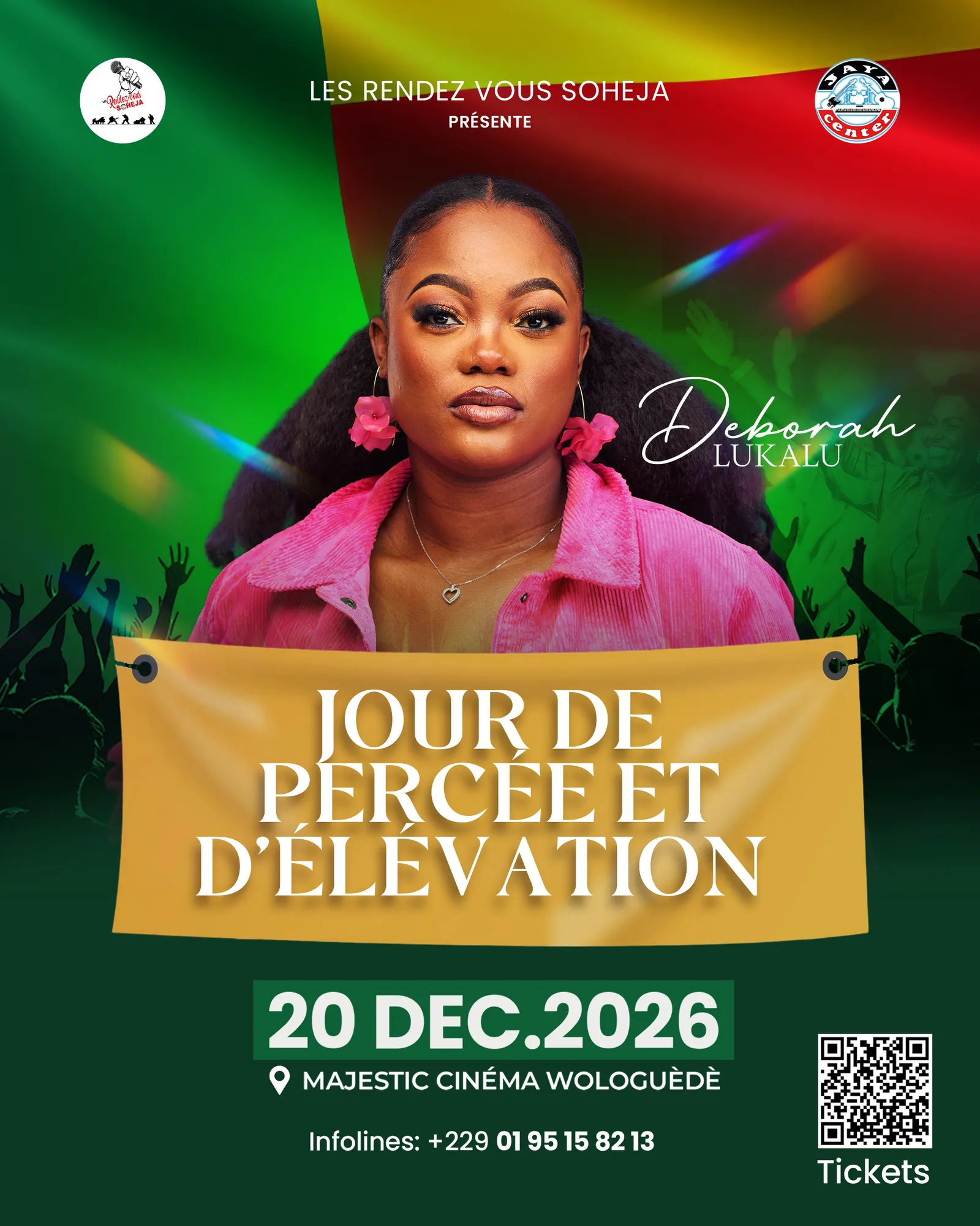 Affiche « Jour de percée et d’élévation » : Deborah Lukalu en veste rose sur fond vert, banderole de couleur, 20 déc. 2026, Majestic Cinéma Wologuèdè.