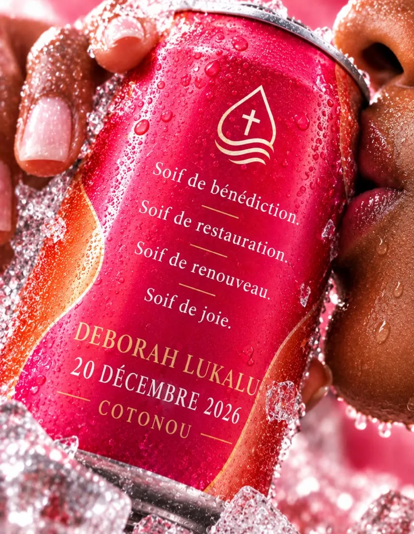 Canette SOIF rose portée aux lèvres : « Soif de bénédiction, de restauration, de renouveau, de joie — Deborah Lukalu 20 décembre 2026 Cotonou ».