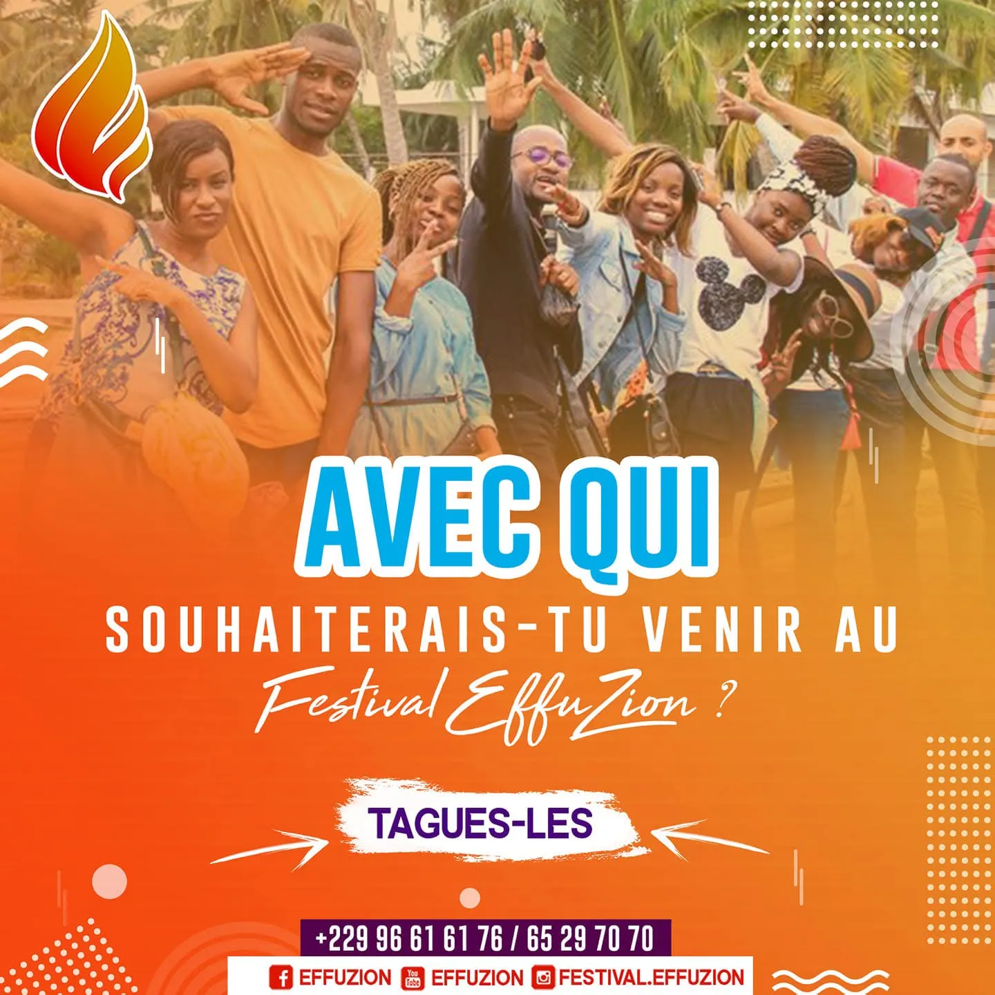 Visuel orange « Avec qui souhaiterais-tu venir au Festival Effuzion ? Tague-les ». Support de la campagne du Festival Effuzion 2019.