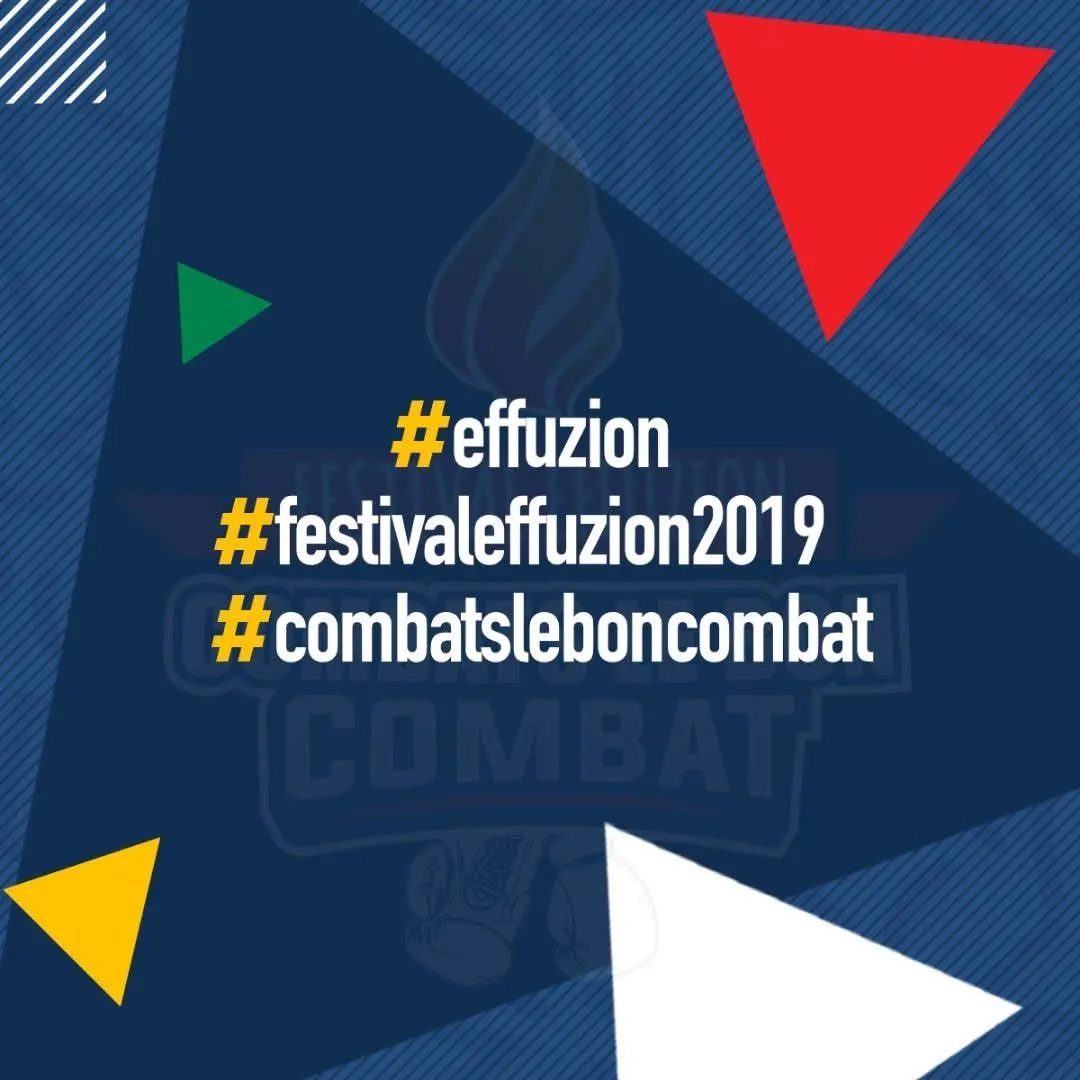 Visuel bleu : #effuzion, #festivaleffuzion2019, #combatsleboncombat. Support de la campagne du Festival Effuzion 2019.