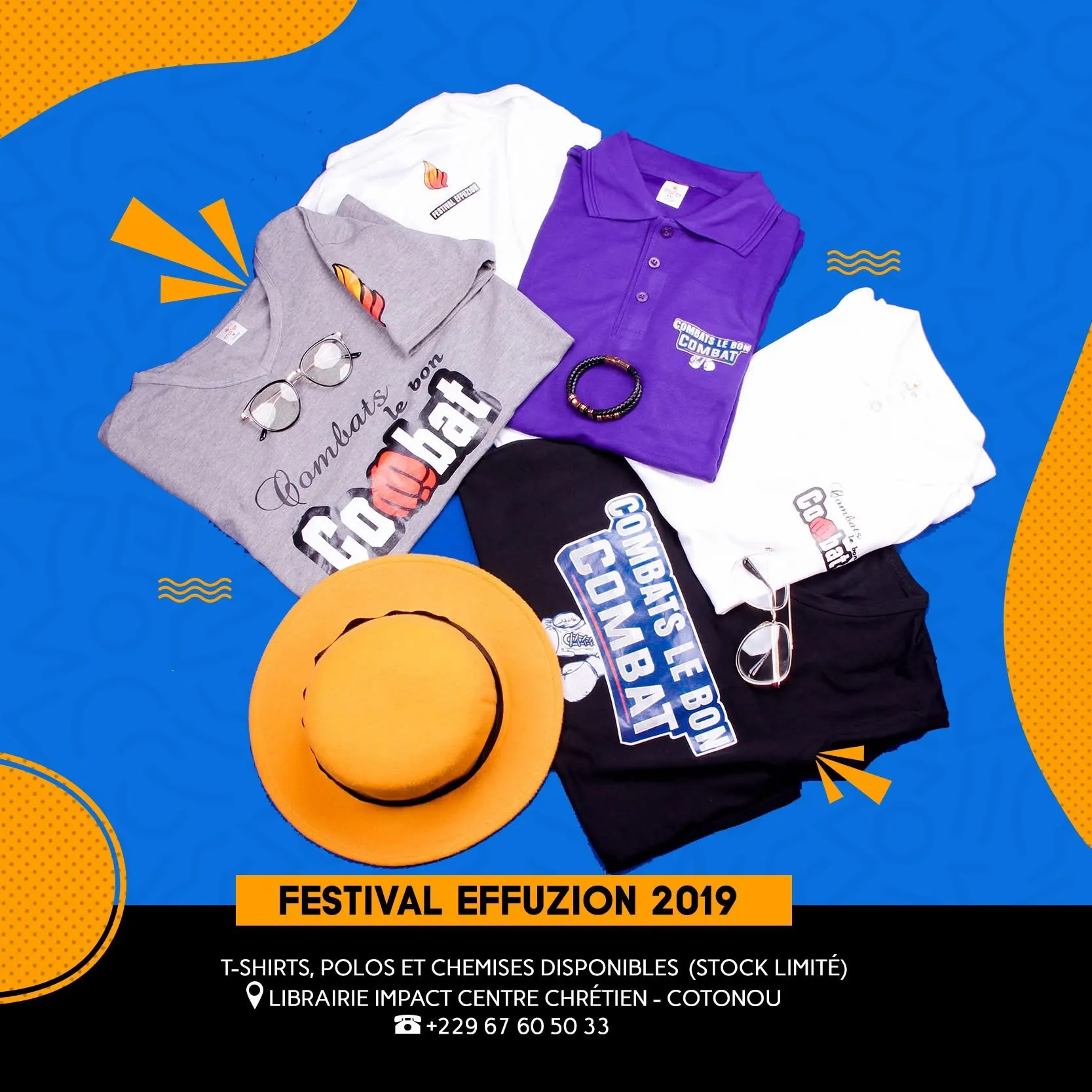 Collection de t-shirts, polos et chemises du festival, stock limité. Support de la campagne du Festival Effuzion 2019.