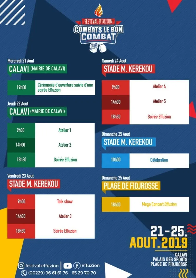 Programme jour par jour du festival, du mercredi 21 au dimanche 25 août. Support de la campagne du Festival Effuzion 2019.