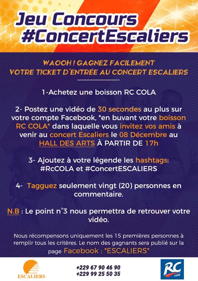 « Jeu concours #ConcertEscaliers » avec RC Cola : une vidéo, un hashtag, une entrée gagnée. Visuel d’archive Escaliers.