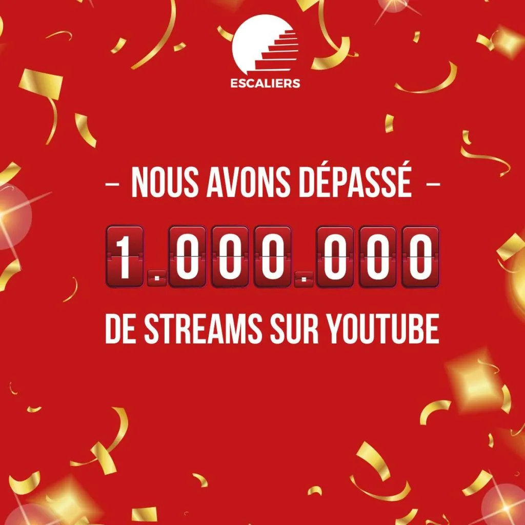 Post rouge à confettis : « Nous avons dépassé 1.000.000 de streams sur YouTube ». Visuel d’archive Escaliers.