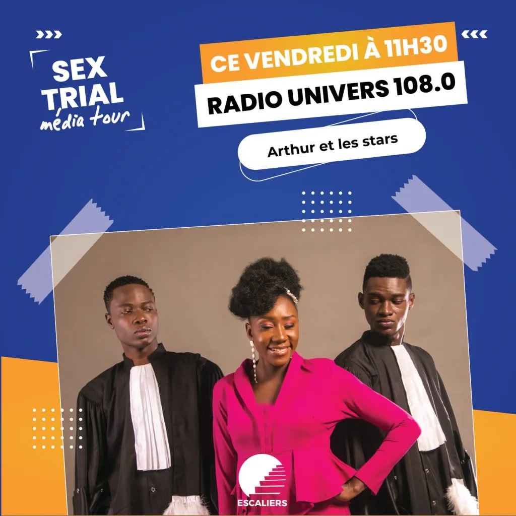 « Sex Trial media tour — vendredi 11h30 — Radio Univers 108.0 — Arthur et les stars ». Visuel d’archive Escaliers.