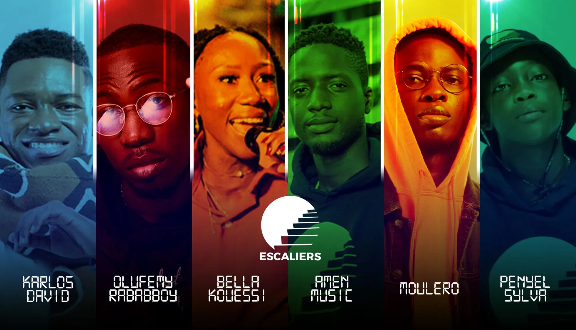 Roster Escaliers : Karlos David, Olufemy Rababboy, Bella Kouessi, Amen Music, Moulero, Penyel Sylva, chacun dans une bande de couleur. Visuel d’archive Escaliers.