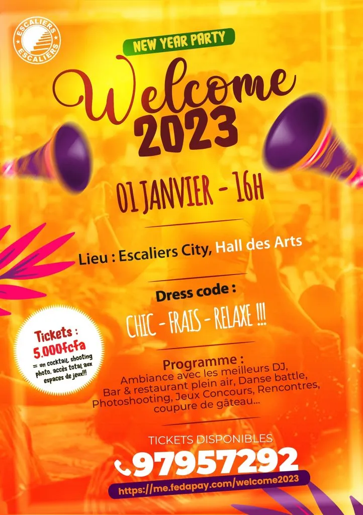 Affiche « Welcome 2023 — 01 janvier, 16h — Escaliers City, Hall des Arts ». Visuel d’archive Escaliers.