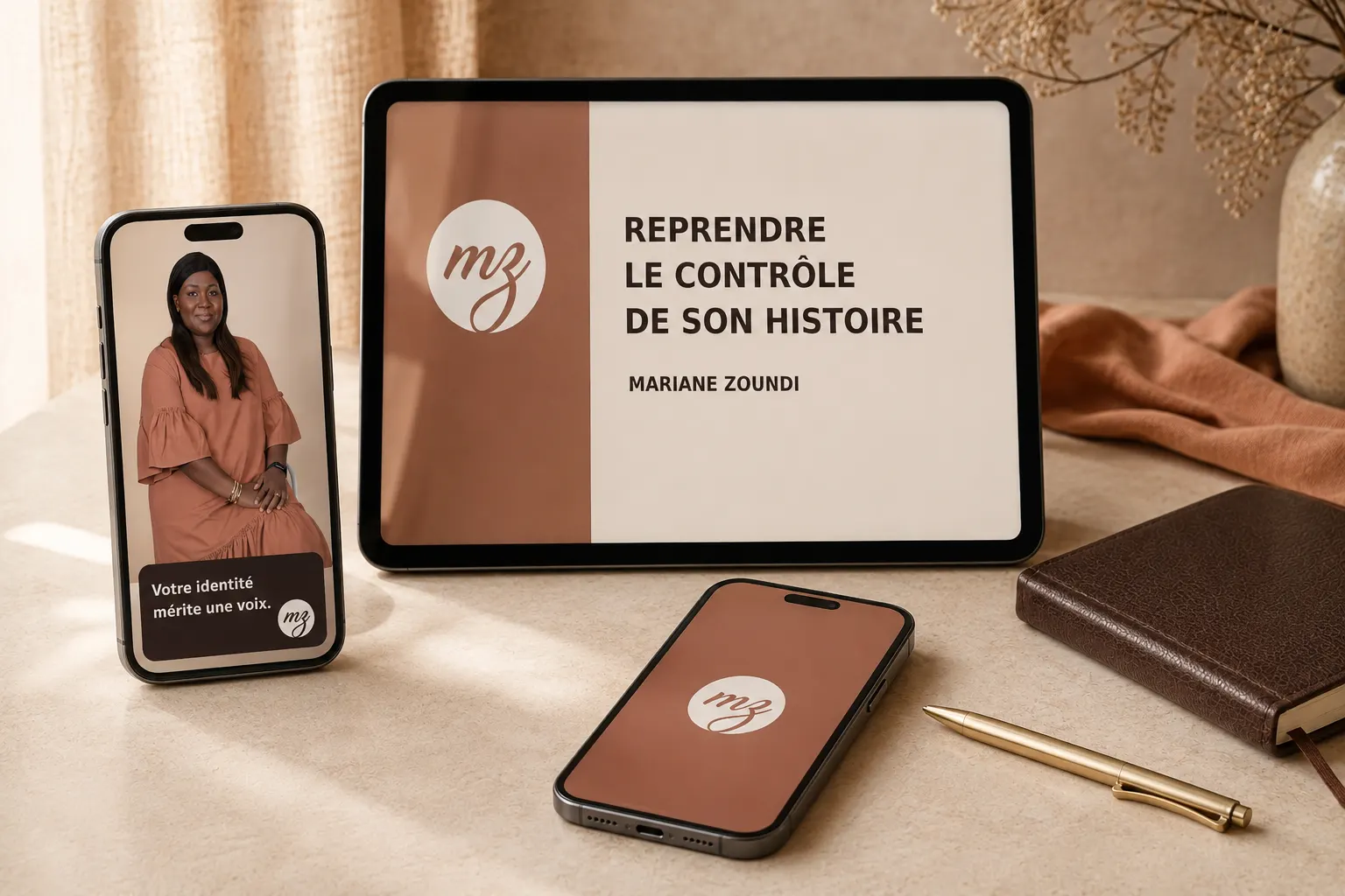 Projection : téléphones et tablette aux couleurs Nude Signature, « Reprendre le contrôle de son histoire ».