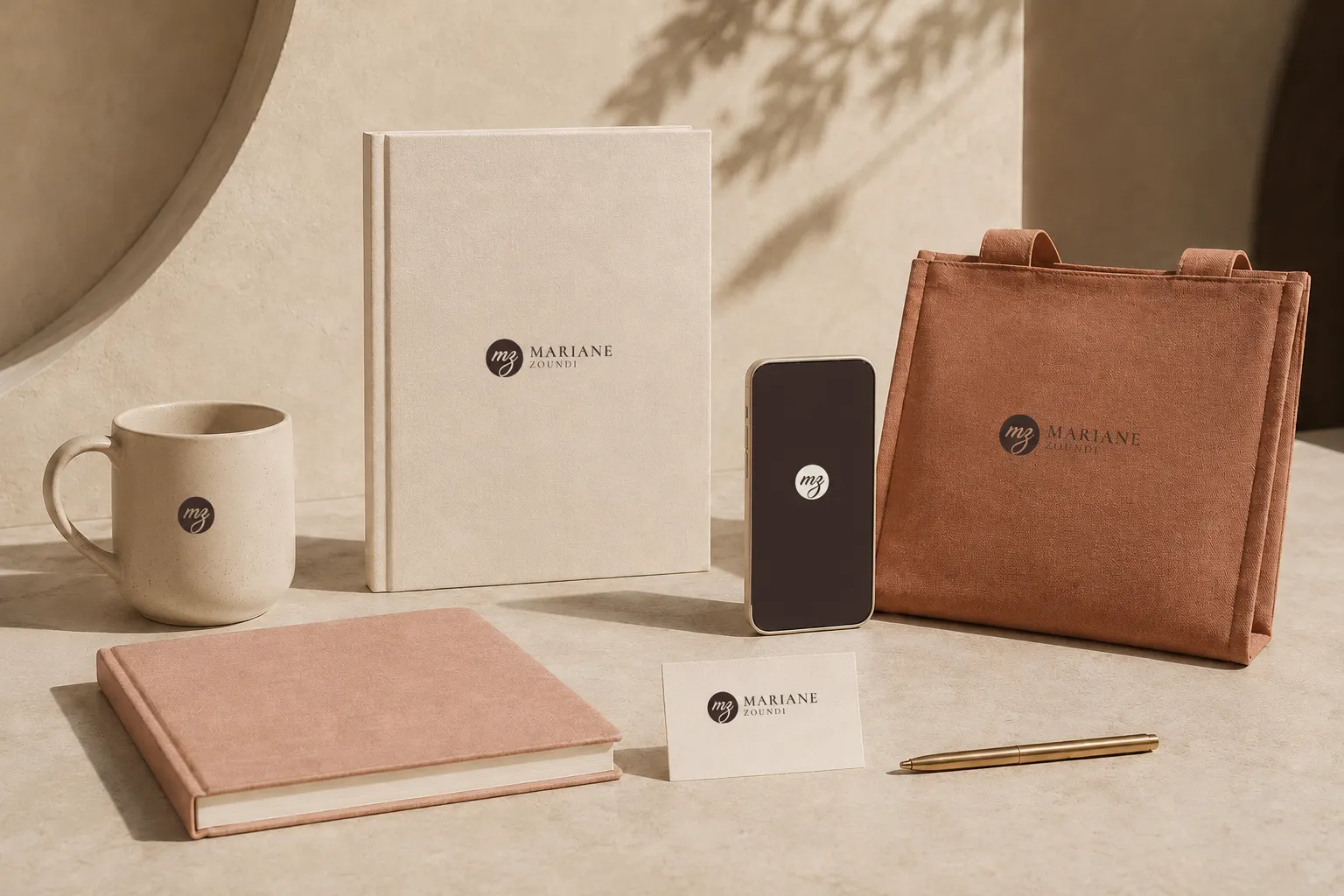 Projection : carnets, mug, carte, sac et téléphone marqués du logo Mariane Zoundi.