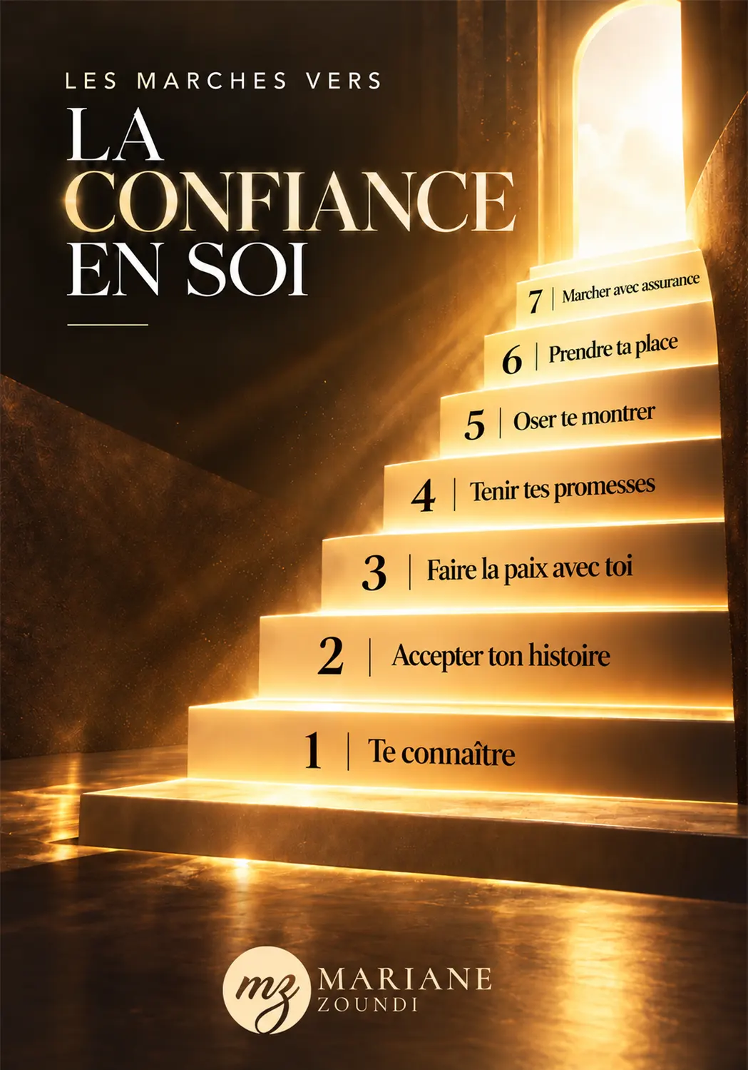 Série « Les marches vers la confiance en soi », visuel 1 sur 9 : un escalier de lumière, sept marches nommées, de « Te connaître » à « Marcher avec assurance ».