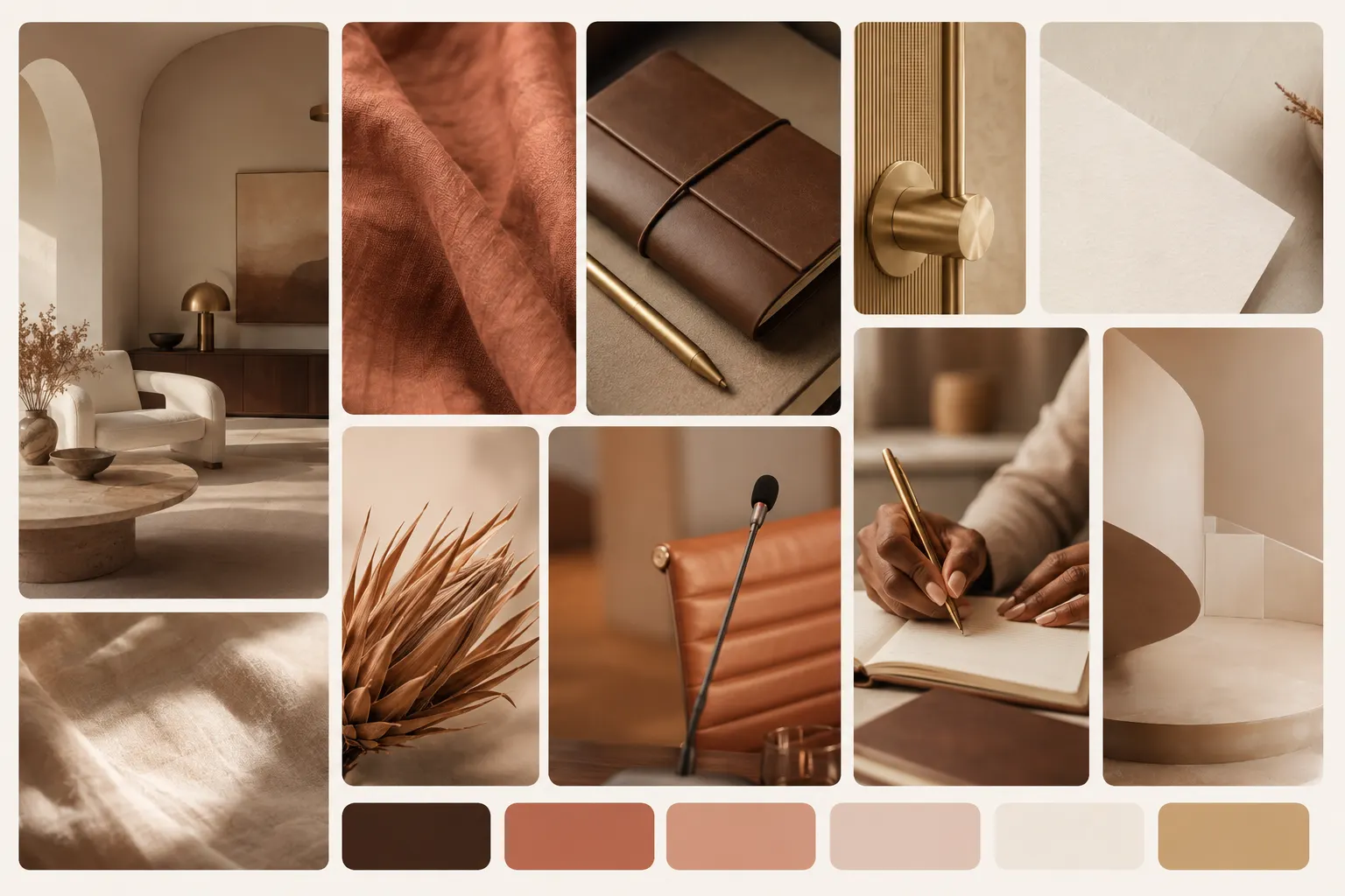 Moodboard Nude Signature : intérieur crème, lin terracotta, carnet de cuir, laiton, écriture à la main, micro, et un portrait de Mariane.