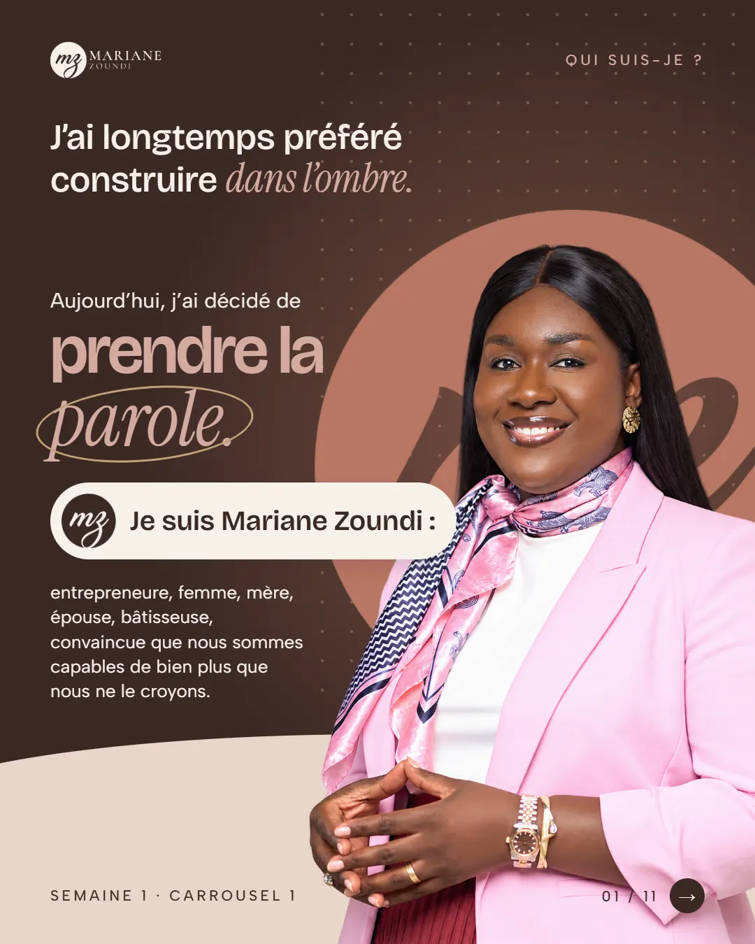Carrousel « Qui suis-je ? », slide 1 sur 11 : « J’ai longtemps préféré construire dans l’ombre. Aujourd’hui, j’ai décidé de prendre la parole. »