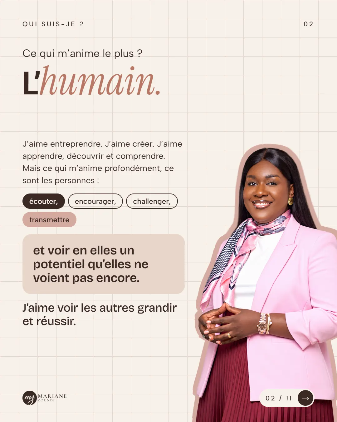 Carrousel « Qui suis-je ? », slide 2 sur 11 : « Ce qui m’anime le plus ? L’humain. »