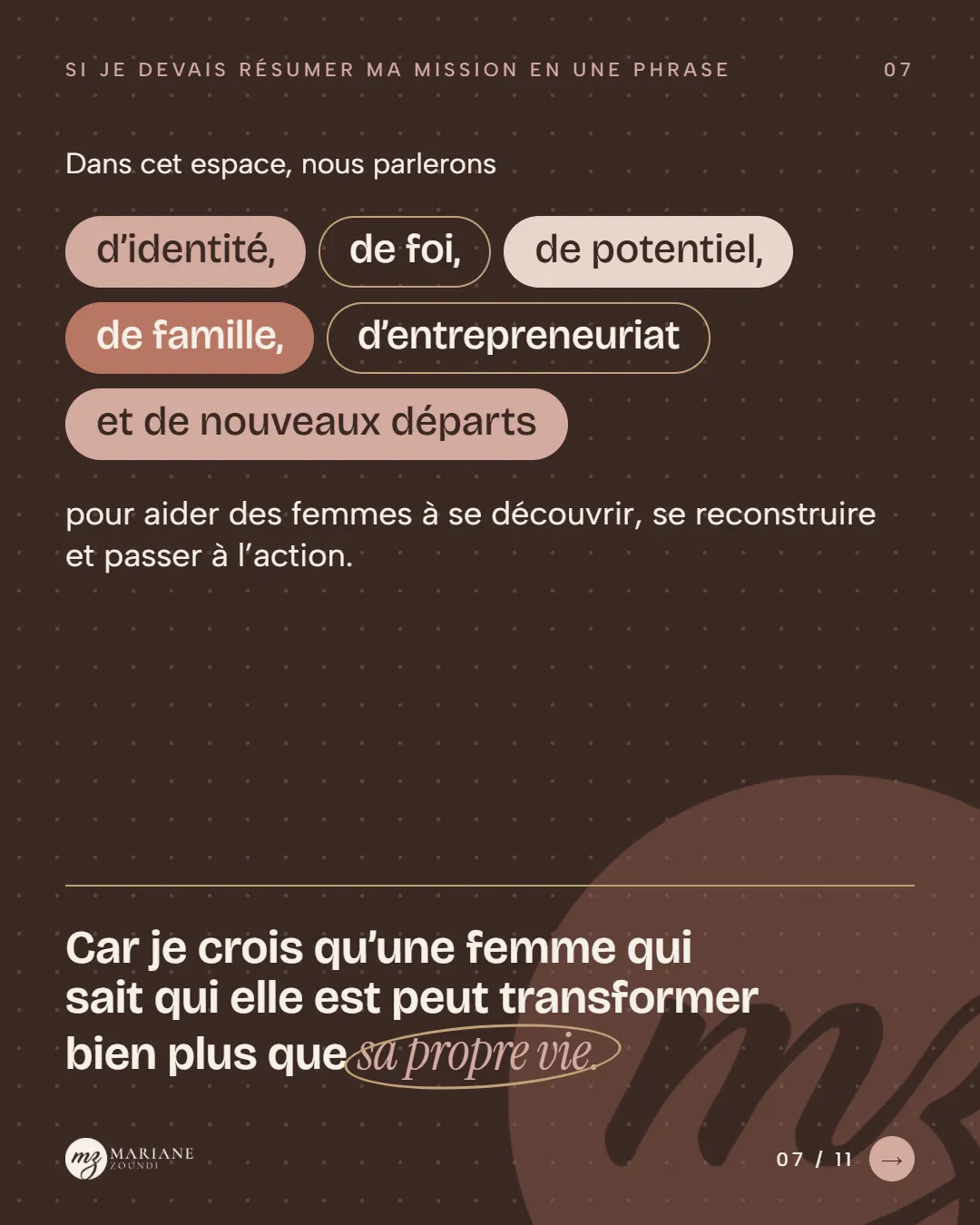 Carrousel « Qui suis-je ? », slide 7 sur 11 : « Dans cet espace, nous parlerons d’identité, de foi, de potentiel, de famille, d’entrepreneuriat et de nouveaux départs. »