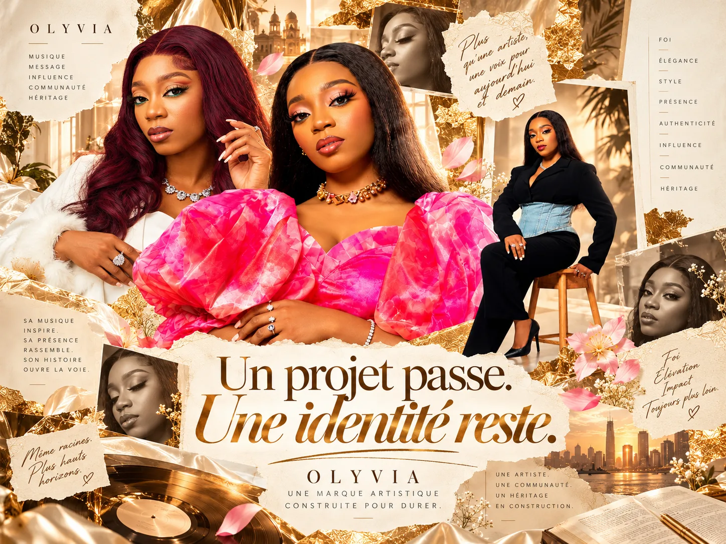 Composition éditoriale générée (collage, typographies, matières) — visuel conceptuel, pas une photographie d’Olyvia. Board de synthèse « Un projet passe. Une identité reste. — Olyvia, une marque artistique construite pour durer ».