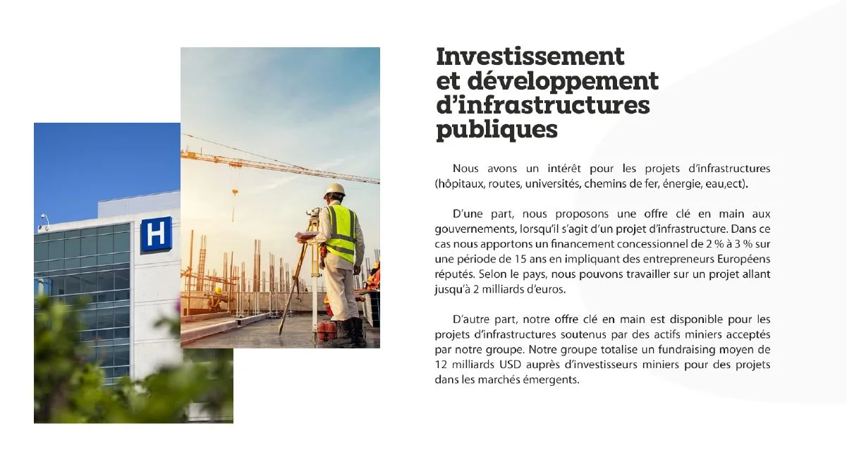 Investissement : deux photos superposées (hôpital, chantier) et texte. Archive du site livré.