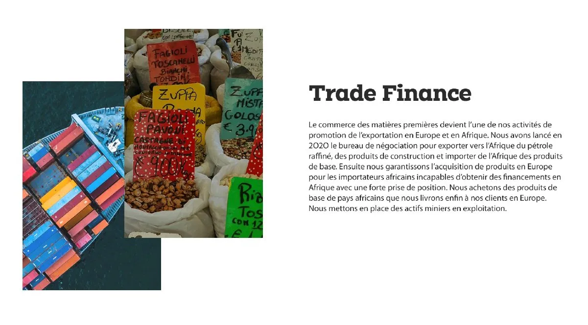 Investissement, « Trade Finance » : deux photos superposées (porte-conteneurs, marché). Archive du site livré.