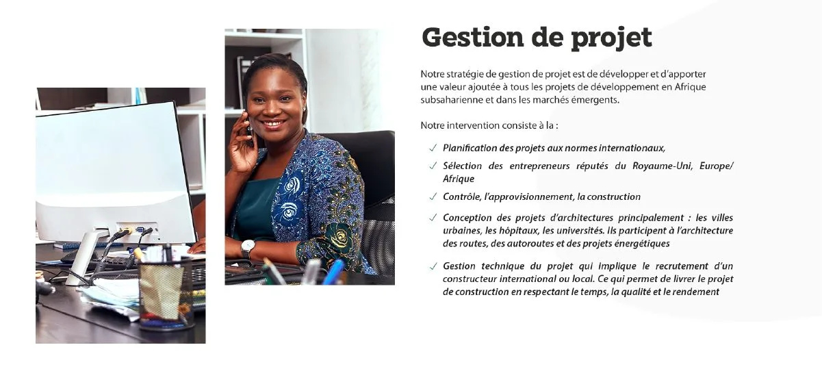 Construction, « Gestion de projet » : deux photos superposées et liste à coches. Archive du site livré.